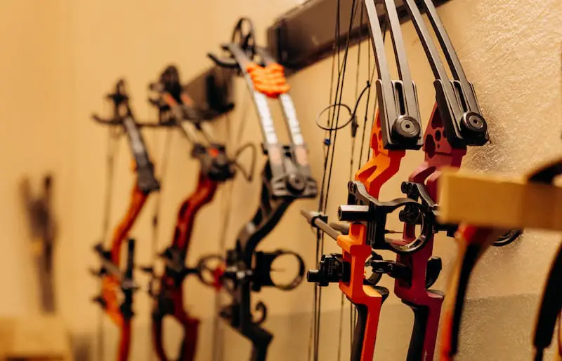 compound bows hanging on wall