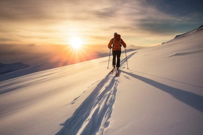 skier is backcountry skiing in beautiful scenary
